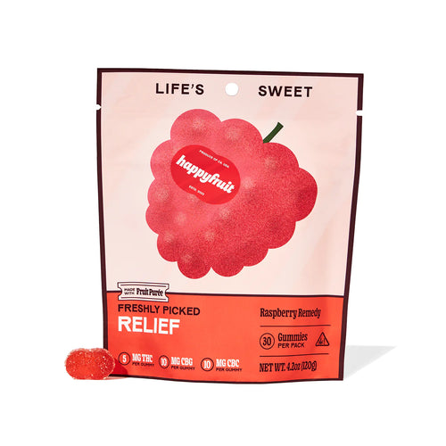 Happy Fruit - Raspberry Remedy Gummies  (Relief) - 5mg THC, 10mg CBG, 10mg CBC Per Gummy